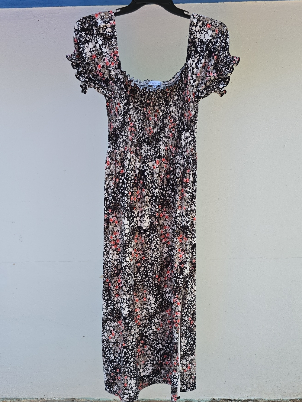 Sweetkie Black Smocked Dress with Pink & White Floral Print Off Shoulder